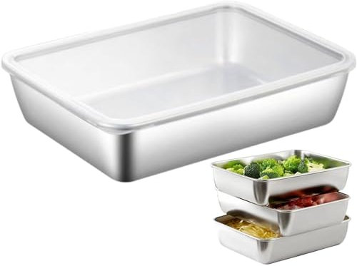 Caja De Almacenamiento De Alimentos De Acero Inoxidable, Contenedor, Plato Rectangular con Tapa, Bandeja para Hornear, Bandeja De Plato De Metal para Almacenar Postres, Refrigerios, Frutas