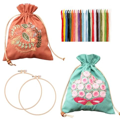 PAIKIUU 2Pack Stickerei Kit Kordelzug Tasche für Anfänger Erwachsene, DIY Nähen Hand Kits Leinwandtasche Stickerei Start Kit mit Blumenmustern Anleitung und Rahmen Rot und Blau