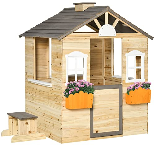 Outsunny Casetta Bimbi 3-7 Anni a 2 Finestre con Portavasi, Panchina e Stazione di Servizio, Casetta per Bambini in Legno di Abete e PP con Tetto Inclinabile, 113x94x134.5 cm