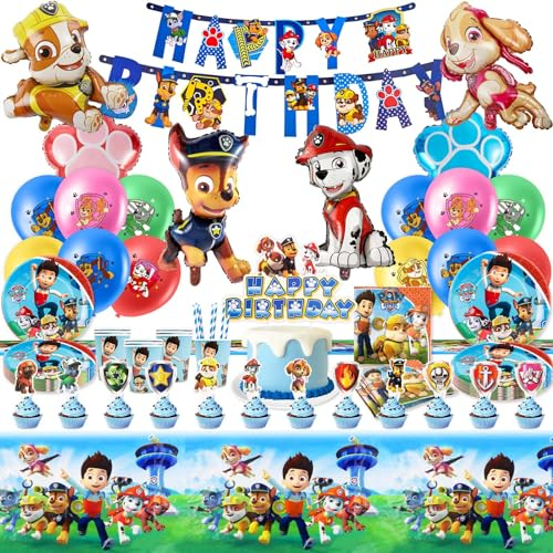 yumcute Servietten Kindergeburtstag, Dog Geburtstagsdeko, 105pcs Geburtstag Deko Geschirr, Servietten, Muffin Deko, Kuchen Deko, Luftballon, Tischdecke, Banner, Geschenkpapier, Becher, Strohhalme
