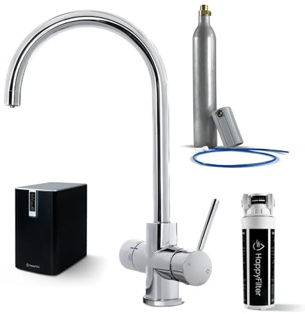 HappyFilter FizzRed Wassersprudler Wasserkocher | gekühlt | gesprudelt | kochend| 5in1 Chrom Wasserhahn | Kalkfilter | Wasserspender | Büro | Küche | Festwasseranschluss | 425g CO2 Adapter