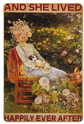 KOPUTE Poster mit Garten und Hund, Gärtner-Pflanzenliebhaber, Gardening And She Lived Happily Ever After-Poster, Retro-Metallposter, Wandkunst, Küche, Garten, Bauernhof, Heimdekoration, Blechschild,