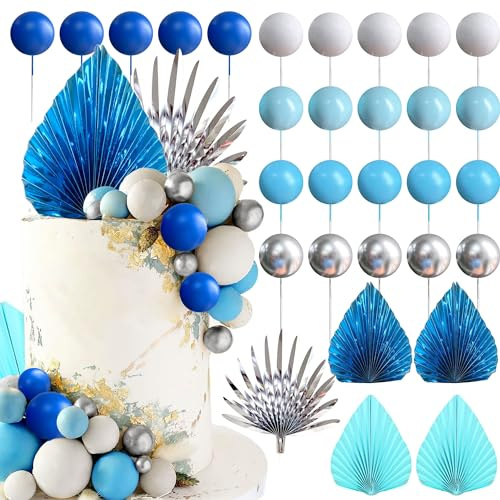 JeVenis Blue Cake Decoration Blue Silver Balls Cake Topper Baby Shower Cake Decoration for Wedding Bridal Shower Birthday
