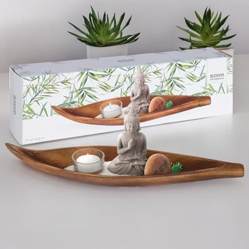 MIJOMA Buddha Zen Garden Set, Wooden Bowl in Ship Shape with Buddha Figure, Tea Light Holder, Zen Stone & Decorative Sand, for Inner Peace and Meditation, 37.5 x 9.5 x 12 cm