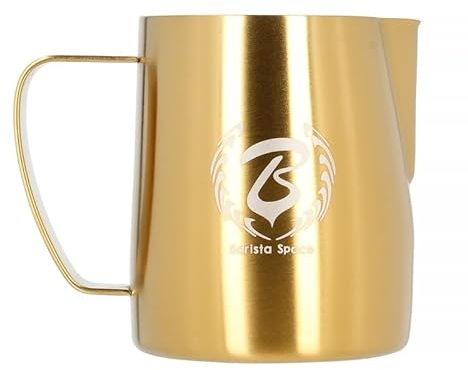 Barista Space Jarra de leche plateada pulida, ideal para latte art con boquilla precisa, ligera y manejable, recomendada por campeones del mundo, color plateado dorado, 350 ml