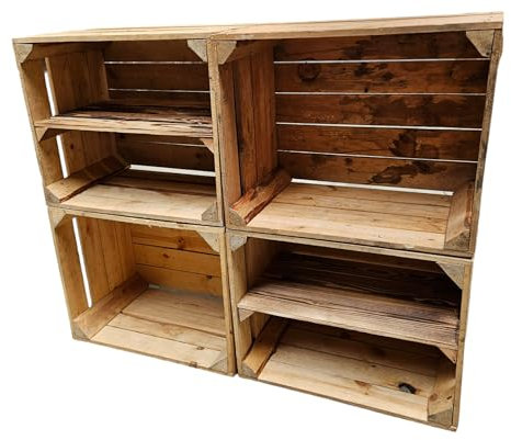 Teramico Vintage gebrauchten Holzkisten/Obstkisten/Weinkisten original aus dem Obstanbau mit Ablagefach geflammt 50 x 40 x 30cm (4er Set | 2 x Ablage Lang)