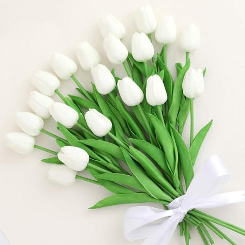 20 PCS Artificial Tulips, Artificial Flowers for Graves, Decoration, Garden and Outdoors, Fake Tulip Faux Flowers That Look Real Artificial Flowers in Vase White Artificial Flowers Gift Tulips Cream