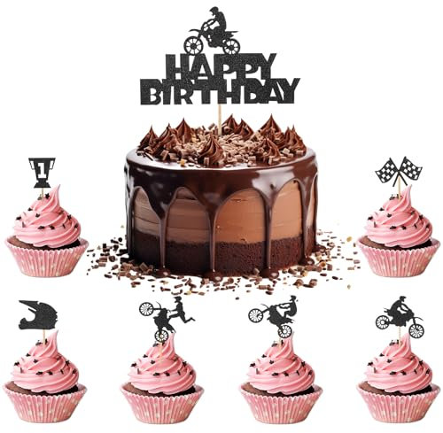 25 Stück Motorrad Tortendeko Cupcake Topper,Glitter Schwarz Motorrad Cupcake Topper,Dirt Bike Motorrad-Deko Geburtstag,Sport Motocross Thema Kuchen Deko,Junge Geburtstag Party Kuchen Dekoration