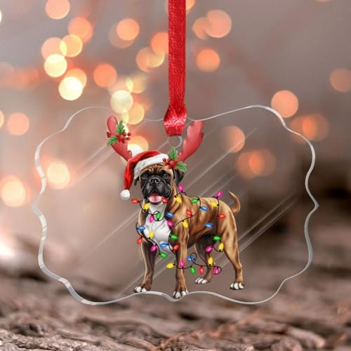 Boxer mit Geweih Hängende Ornamente Tierbild Haustier Welpe Schmetterling Weihnachtsbaum Ornament Andenken Hunderasse Hund Kind Tier Acryl Weihnachtskugel für Weihnachtsbaumschmuck