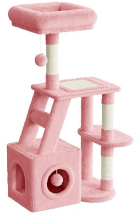 Dogat Cat Tree 107cm for Indoor Cats, Multi-Level Cat Tower with Scratching Post, Large Top Perches, Cozy Condo, Scratching Board & Dangling Ball (Pink)
