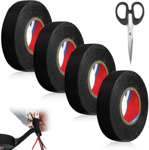 Megcdtr KFZ Gewebeband, 4 Rollen Gewebeband 19mm x 15m, Auto Kabelbaum Filzband PET Vlies 51608 Isolierband Schwarz Kabelbäume Elektriker Band für Auto Kabel Befestigt