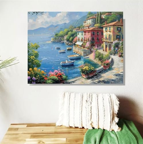Malen Nach Zahlen Erwachsene Groß 40x50cm,Landschaft Malen Nach Zahlen Italien DIY Handgemalt Ölgemälde Leinwand Paint by Numbers Kit Mit Pinseln und Acrylfarbe Geschenke für Frauen (Mit Rahmen) M-178