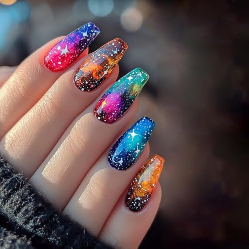 24Pcs Glitter Starry Nails, Acrylic Full Cover Coffin Nails – Medium Press ons, Ballet Tip Design