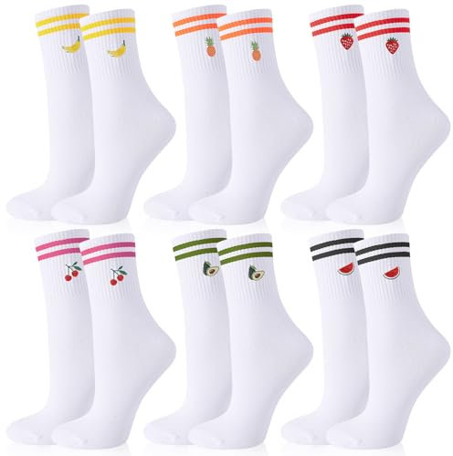 Utensilsto 6er Pack Tennissocken Sportsocken Damen 39-42 Weiße Socken mit Frucht Streifen Motiv Tennis Sport Socken Baumwollsocken Lustige Geschenke Für Damen Frauen Tennis Lauf Arbeit Sport