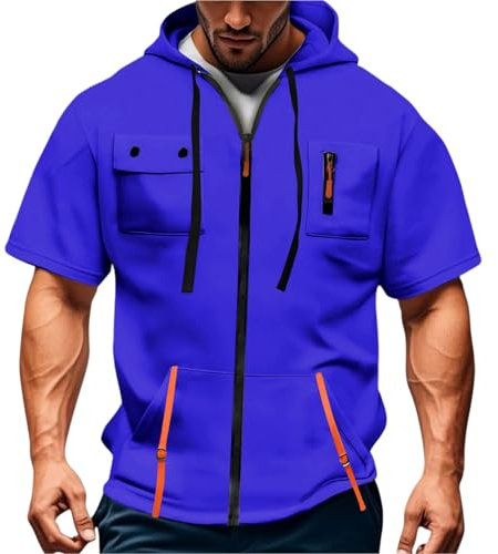 Topassion Sommer Freizeit Pullover mit Kapuze Herren Kurzarm Hoodie Kapuzenpullover Leicht Kordelzug Sweatshirt Ärmelloser Tanktops Zipped Hooded Sportshirt Muskelshirt Trainingsshirt(Blue,XXL)
