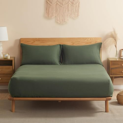 DAPU 100% Leinen Spannbettlaken, Naturfaser Luftiges Kühlendes Sommerbettlaken, Gewaschenes Weiches Spannbetttuch für Hotsleepers, 160×200cm mit 30cm tiefen Tasche, Olivgrün