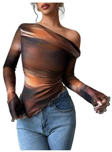 GORGLITTER Women's Tie Dye One Off Shoulder T Shirts Asymmetrical Ruched Long Sleeve Night Out Tops Brown Small