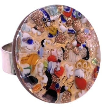 Bague en verre de Murano - 3 cm - Réglable - En verre Millefiori - Taille unique - Fait à la main à Venise en Italie - Bijou vénitien avec feuille d'argent - Avec certificat d'authenticité