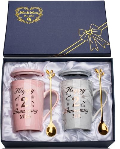 2nd Wedding Anniversar-y Gifts, Second Anniversary Gif-t, 2PCS Happy 2th Anniversar-y Gift Mr and Mrs Gifts Marble Ceramic Cups 14oz with Spoon, Giftbox, 2 year Anniversary Gif-ts for Him, Her