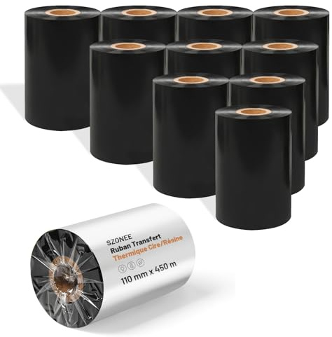SZONEE 10 Rouleaux Ruban Cire Résine 110mm x 450m – Mandrin 25mm Ruban | Transfert Thermique pour Étiquettes Code-Barres, CSO, Compatible avec Zebra, Sato, Datamax, TSC, GoDex, Citizen