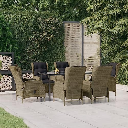 Mandloder Salon de jardin 7 pièces marron en polyrotin avec chaises réglables, table en verre, coussins pour terrasse et balcon