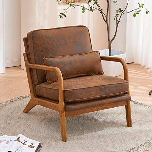 Bonnlo Accent Chair, Solid Wood Padding Lounge Armchairs, Linen, Brown | Occasional Reading Chair with Cushions and Lumbar Pillow, Comfy Armchairs for Living Room, Bedroom, Guest Room, Office