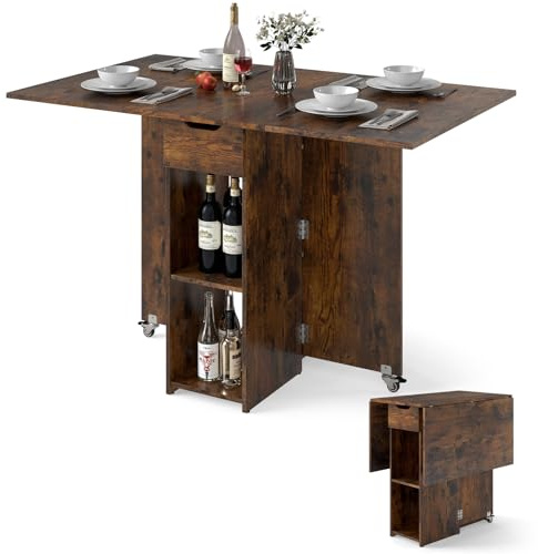 LIFEZEAL Table à Manger Pliable avec 1 Tiroir & 2 Etagères, Table Extensible Bois avec 2 Roues, 4-6 Personnes, Salle à Manger, Salon, Cuisine, Max 65/70 kg (Marron, 120 x 72 x 75 cm)