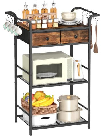 HOOBRO 3-Tier Bakers Rack, Microwave Stand, Coffee Bar Station with Storage | Kitchen Storage Rack with 2 Hanging Rods, 8 Hooks, and 2 Drawers, for Kitchen, Living Room, Rustic Brown and Black EBF44HB01