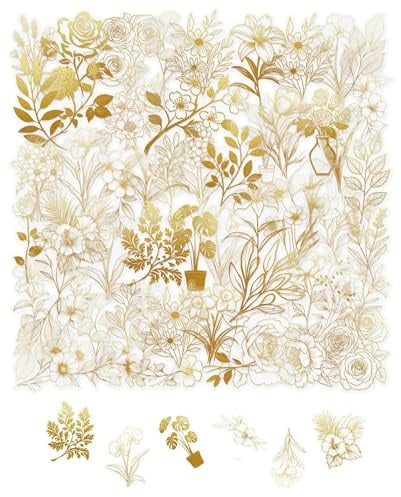 QLEUIFT 50 Stück Die-Cut Gold Blumen Aufkleber Transparent PET, Goldfolie Vintage Scrapbook Sticker Wasserdicht für Journalistik Karten Herstellung Laptop Fotoalben DIY Papier Handwerk Geschenk