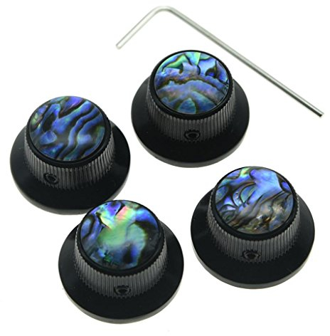 KAISH 4x Abalone Top Black LP Top Hat Knobs with Set Screw Metal Bell Knobs for Guitar Bass with 6mm Shaft Pots