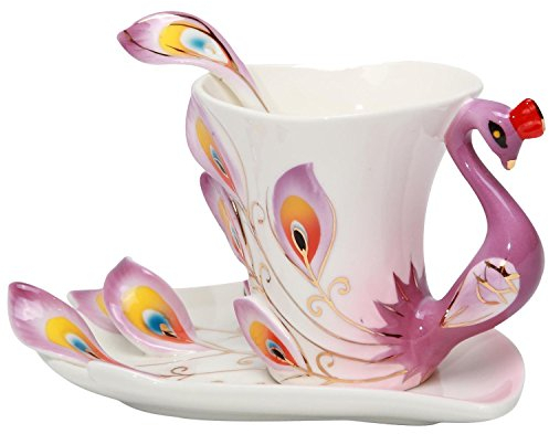 YBK Tech Lucky Cup Kreative 3D-Pfau-Tasse und Untertasse, 200 ml, Kaffeetasse (lila)