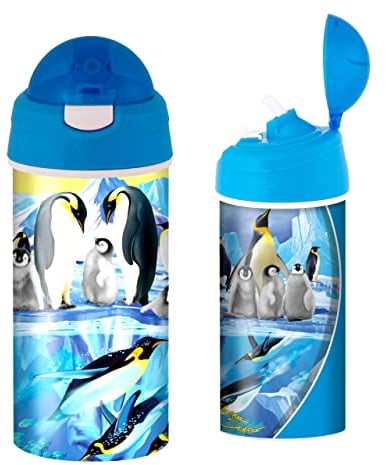 3D LiveLife Drinking Bottle - Penguin Plunge from Deluxebase. 3D Lenticular Ocean Water Bottle with Straw. 600ml kids drinks bottle with original artwork from renowned artist, Michael Searle