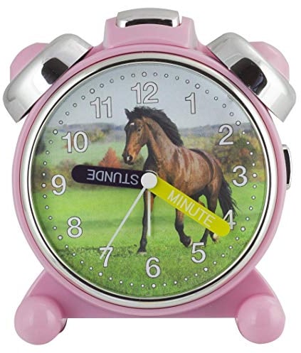 Eurotime Wecker für Mädchen mit Pferd, Rosa, Kinderwecker, geräuscharmer Wecker, kein Ticken, mit Licht, Weckwiederholung, Glocken,- oder Melodie-Alarm wählbar, 24012-22