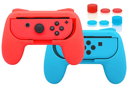 Griffe Zubehör für Joy Con Controller Halterung für Switch & Switch OLED mit Joystick Kappen, Gummierte Comfort Grip für JoyCon mit 3 Paar Daumengriffen - Blau & Rot