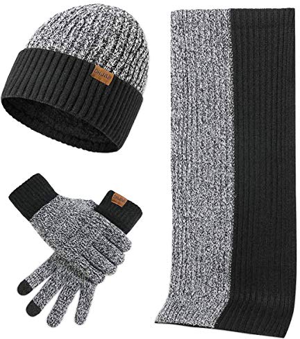 LumiSyne Winter 3 In 1 Mütze Schal Handschuh Sets Für Herren Damen Mode Einfache Zweifarbige Jacquard Touchscreen Handschuhe Beanie Strickmütze Langer Schal Verdickte Und Weiche Wolle