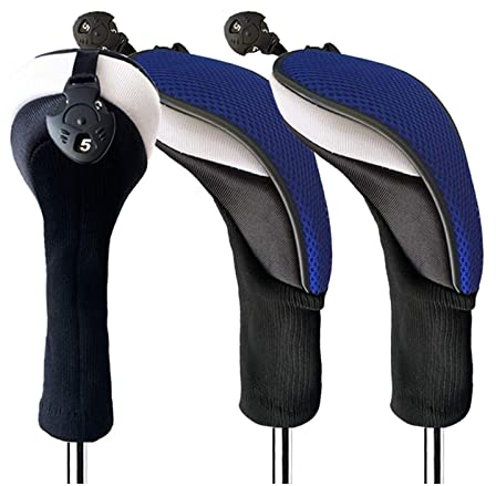 FINGER TEN Golf Club Head Covers Woods Hybrids Long Cover, Headcovers with Interchangeable No. Tags Fit All Hybrids Wood Clubs Light Durable (Blue-3 Pack Hybrid Covers)