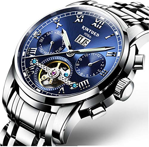QZPM Herrenuhren Tourbillon Edelstahl Wasserdicht Chronographen Analog Datum Kalender Römische Zahlen Mechanische Uhren,Blau