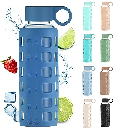 purifyou Bouteilles d'eau en verre de qualité supérieure de 85 / 56 / 350 ml avec graduations de temps et de volume antidérapantes en silicone et couvercle en acier inoxydable - Pour eau, jus