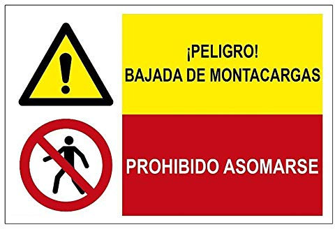 Becral®- Señal combinada ¡PELIGRO! BAJADA MONTACARGAS/PROHIBIDO ASOARSE de 600X400mm ADHESIVO (ref.PRD4360271)