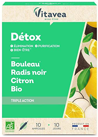 VITAVEA BIEN-ETRE - Detox Triple Actions - Complément Alimentaire Détox Foie, Digestion, Reins, Draineur - Bouleau, Radis Noir, Citron - 10 ampoules - Cure de 10 jours - Fabriqué en France