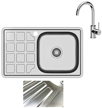 VBChome Einbauspüle mit Armatur 78x48 Leinenstruktur ab 50er Unterschrank Edelstahl Küchenspüle Spüle Ablagefläche Abtropffläche eckiges Camping Ablaufgarnitur Siphon Wasserhahn Chrom