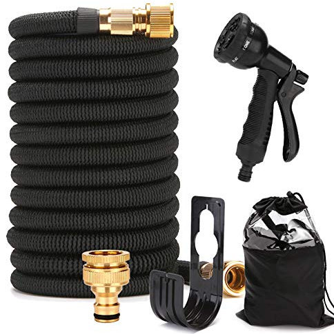 EVERGD Expandable Garden Hose, Upgraded 3-Layer Latex Lightweight Hose Pipe, 3/4&1/2 Solid Brass Connectors, Black No-Kink Flexible Water Hose with 8 Function Spray (75FT)
