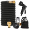 EVERGD Expandable Garden Hose, Upgraded 3-Layer Latex Lightweight Hose Pipe, 3/4&1/2 Solid Brass Connectors, Black No-Kink Flexible Water Hose with 8 Function Spray (75FT)
