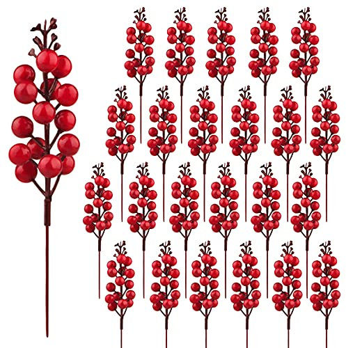 24 Stück rote Beerenstiele, 19.1 cm, künstliche burgunderrote Beeren, Stechpalme, rote Beeren, Zweige, Weihnachten, Beeren, Stiel, Picks für Weihnachtsbaum, Basteln, Hochzeit, Winter, Heimdekoration