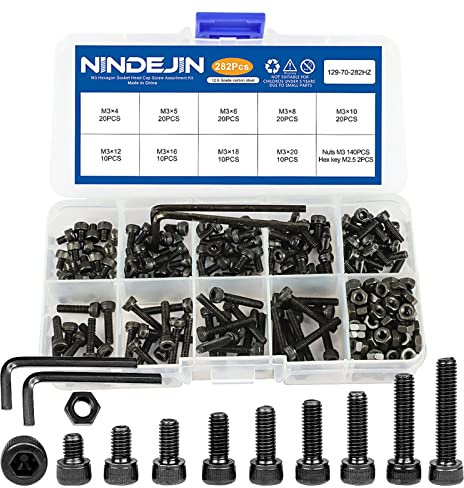 NINDEJIN Metric M3 Hex Socket Head Cap Screws, Allen Socket Drive M3 x 4mm/ 5mm / 6mm/ 8mm/ 10mm/ 12mm/ 16mm/ 18mm/ 20mm Carbon Steel Screw Bolt and Nut Assortment Kit with Wrench Key (Machine Screws)