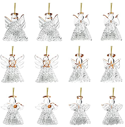 Belle Vous Baumschmuck Weihnachten Engel mit LED Licht (12 STK) Verschiedene Größen Engel Set - Klarglas-Engel Deko Weihnachten Set - Engel zum Aufhängen für Weihnachtsbaum-& Weihnachtsfeier-Dekor