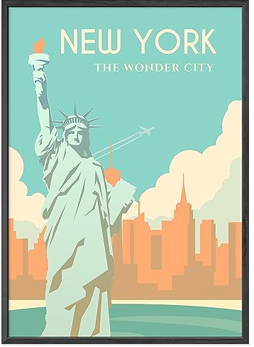 JUNOMI® New York Poster DIN A2 | Wohnzimmer Deko, Modernes Wandbild, USA Bild, Reiseposter, New York Wandbild | Mit Rahmen Schwarz