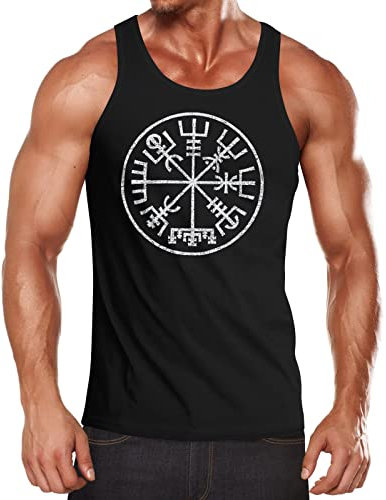 Neverless® Herren Tank-Top Vegvisir Runenkompass Wikinger Kompass nordische Mythologie Kelten Germanen Muskelshirt Muscle Shirt schwarz 3XL