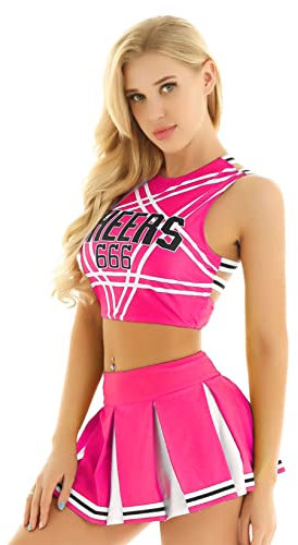 Mufeng Cheerleaders Costume Donna Sexy Uniforme Scolastica per Adulto Crop Top Palestra + Minigonna Gonna a Pieghe Corta Tuta Completo per Danza Moderna Rosa caldo S