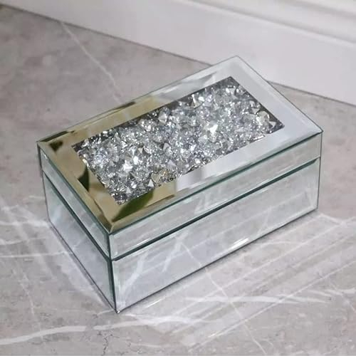 Eaglewiz Silver Crush Jewel Diamante Mirrored Glass Crystal Jewellery Organiser box Storage Crushed Diamond Chest Box Jewelry Women Trinket Drawers Organiser Boxes Makeup Container Dressing Table